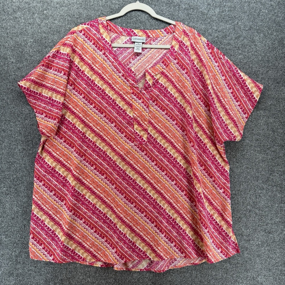 Catherines Blouse Top Womens 2X Pink Striped Popover Short Sleeve Lightweight